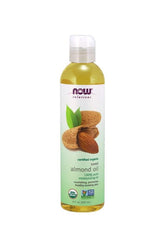 Now Foods organic sweet almond oil in a 237 ml bottle, promoting healthy and moisturized skin.